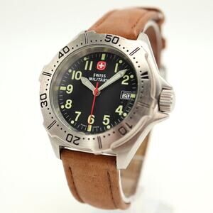 Wenger Swiss Military 42mm Black Date Watch Tan Leather 79901 with New Battery
